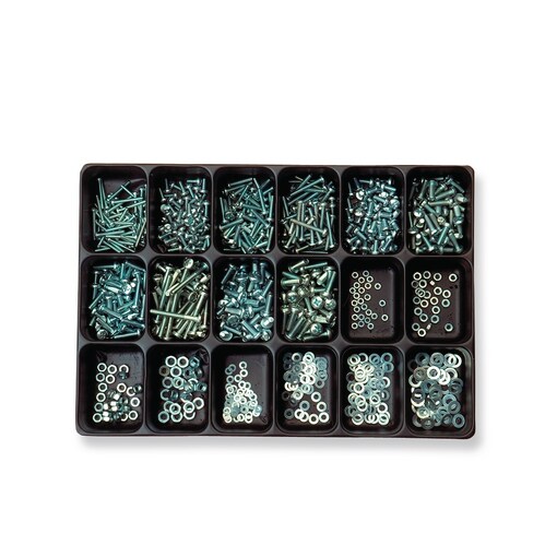 S-0201 Sortiment med maskinskruv, planbrickor och muttrar utan plåtlåda